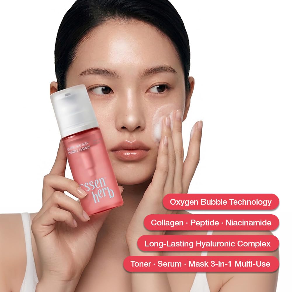 Essenherb Quick & Deep Oxy-Bubble Essence | Firming & Glow Serum with Collagen, Peptide & Niacinamide | Fast Absorption & Makeup-Ready
