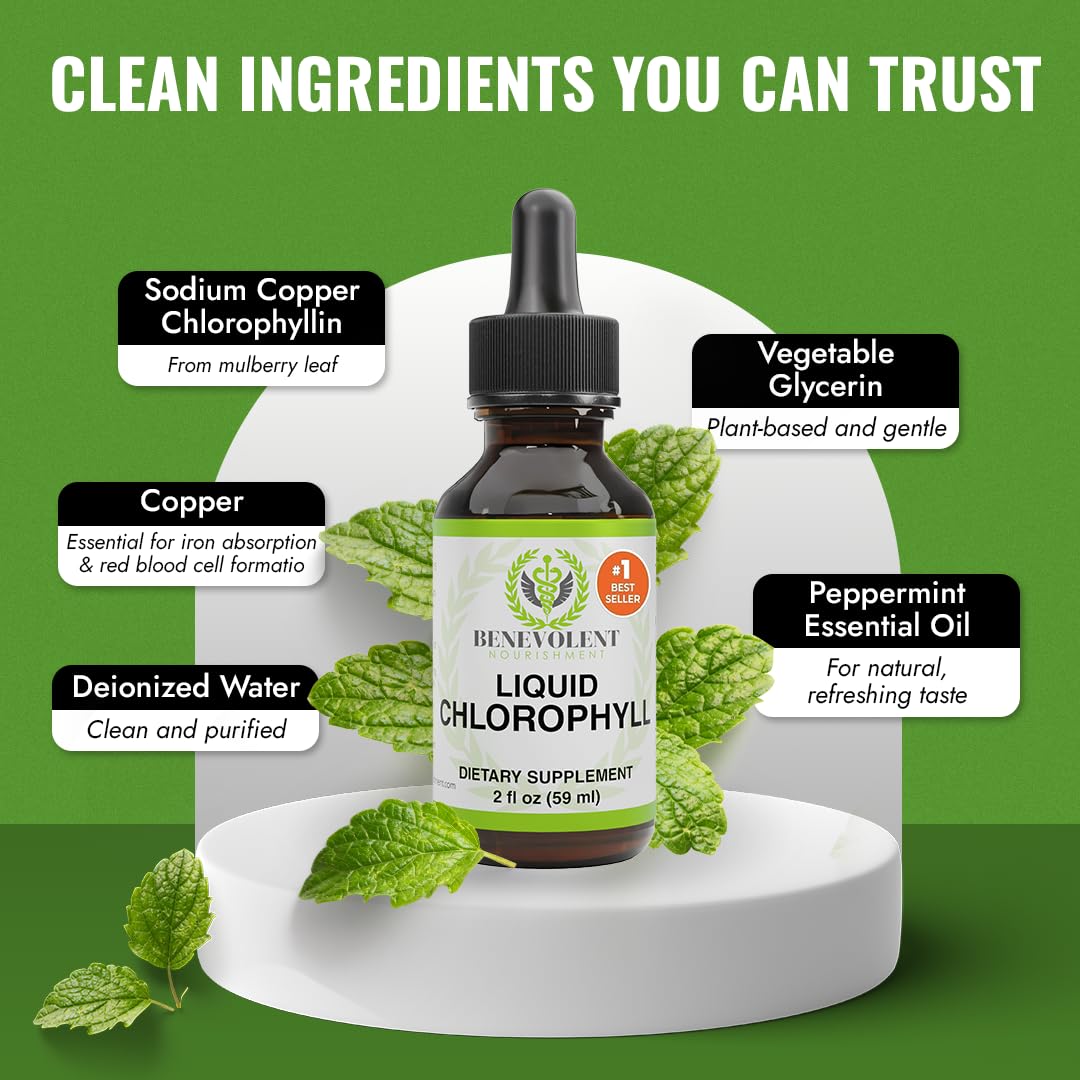 Benevolent Nourishment Chlorophyll Supplement, Detox & Immune Support, Internal Deodorizer, Liquid Drops
