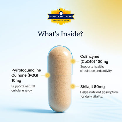 Simple Promise CardioClear7 CoQ10 with PQQ and Shilajit Supplement - Daily Heart Health, Circulation and Cellular Energy Support - Gluten Free, Non-GMO, cGMP Certified - Once Daily, 30 Capsules
