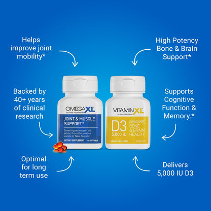 OmegaXL Joint Support Supplement - 60 Softgels & VitaminXL D3 High Potency Daily Vitamin D 5000 IU 125mcg Immune Support Supplement (30 Softgels) - 2 Pack OmegaXLBuy Supplements Australia