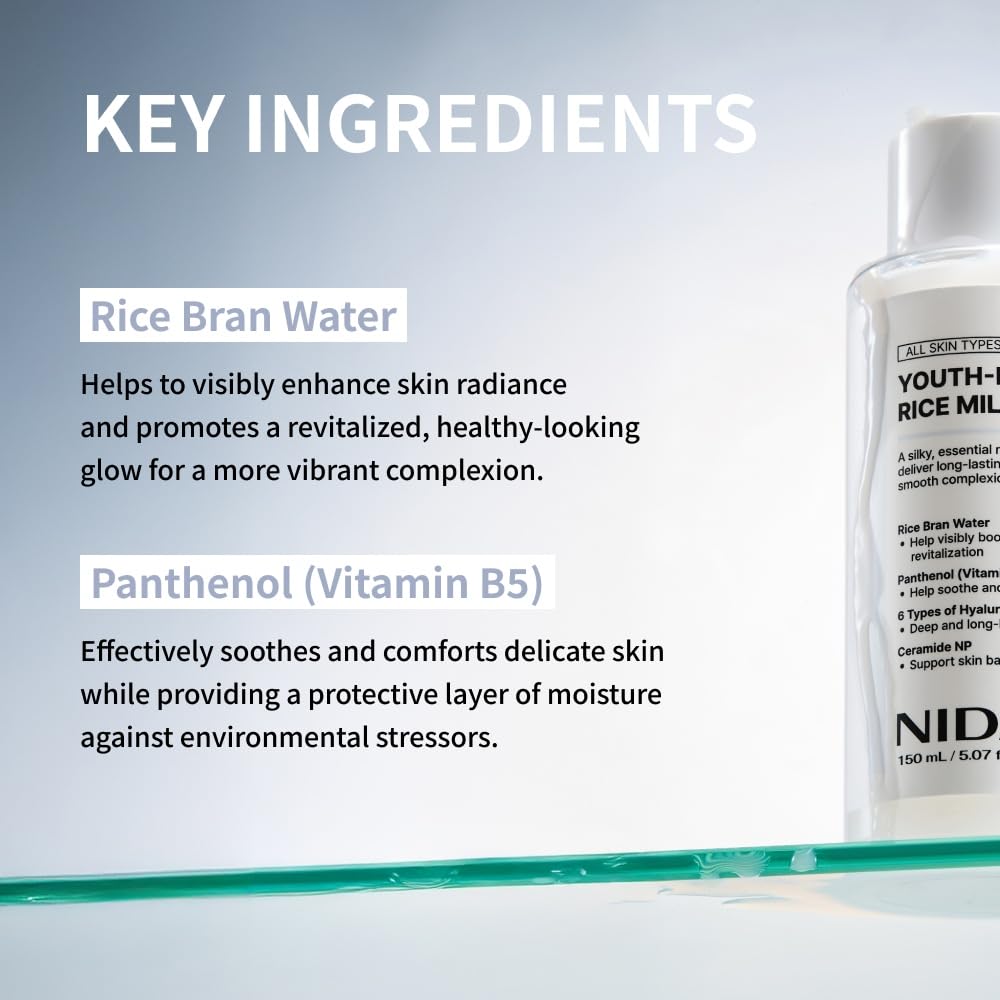 NIDA Youth-boosting Rice Milky Toner, for Glass Skin | Rice Bran Extract, Niacinamide, Ceramide NP, Panthenol | Deep Moisturizing, Hydrating and Refreshing