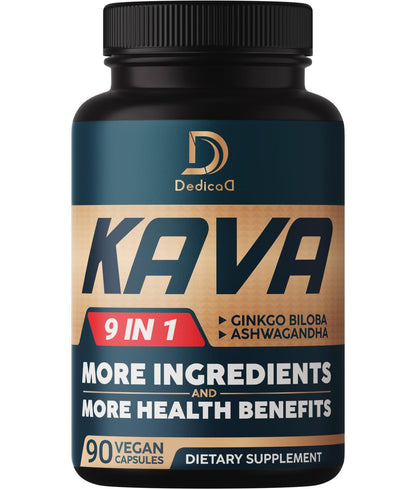 Supplement bottle labeled 'KAVA' with branding on a white background