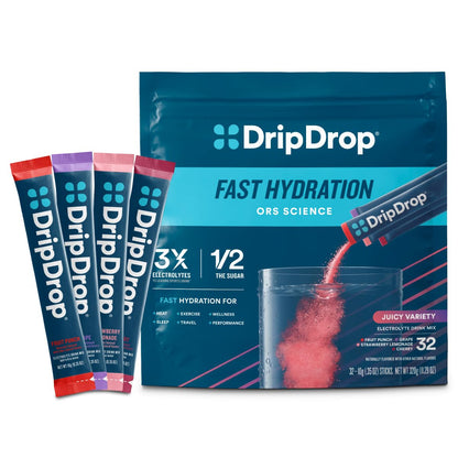 DripDrop Hydration Packets - Juicy Variety Pack - Single Serve Electrolytes Powder Drink Mix - Grape, Fruit Punch, Strawberry Lemonade, Cherry - Non-GMO,