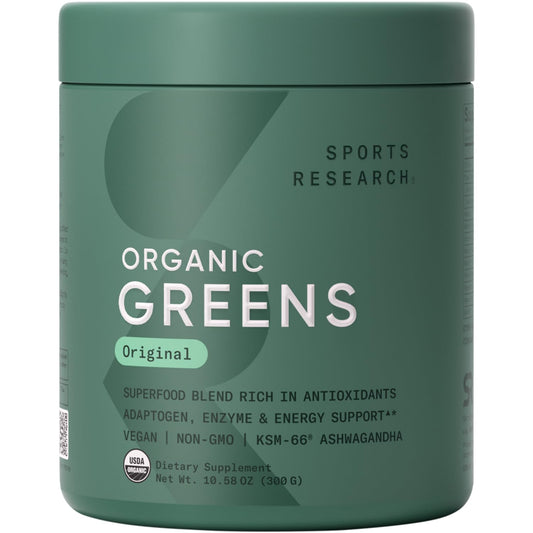 Sports Research® Organic Greens Superfood Powder w/Spirulina & Chlorella, Adaptogens, Enzymes, Probiotics & 8 VIT Bs for Gut & Mood Support* - Vegan, Sugar-Free & Low-Cal Original 30 Servings Sports Research buy supplements Au