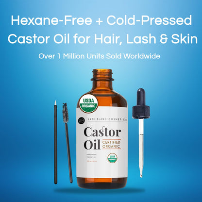 Kate Blanc Cosmetics Castor Oil Organic for Hair, Lashes, Face, Skin (2oz), 100% Pure, Cold Pressed, Hexane Free Hair Oil.
