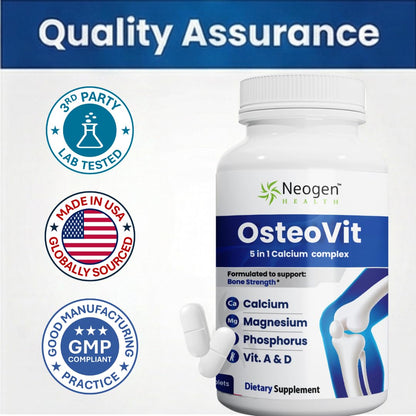 OsteoVit 5-in-1 Calcium 120 tabs Multivitamin: Calcium, Magnesium, Phosphorus, Vitamin D3 & A - Bone Strength & Flexibility*, Non-GMO Gluten Free