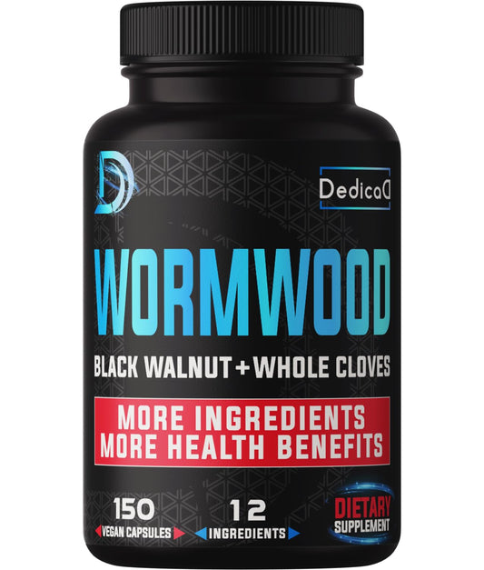 Black bottle of Dedicac Wormwood supplement with text on a white background