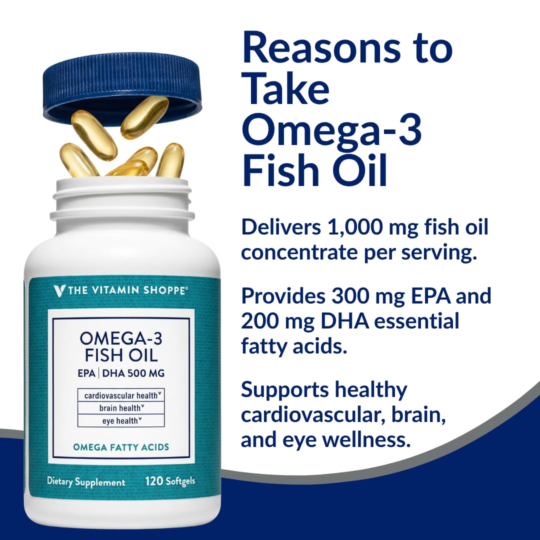 The Vitamin Shoppe Brand Omega 3 Fish Oil 1000mg with EPA DHA 500mg, Cardiovascular, Brain & Eye Health Support for Men and Women, Sourced from Anchovy,