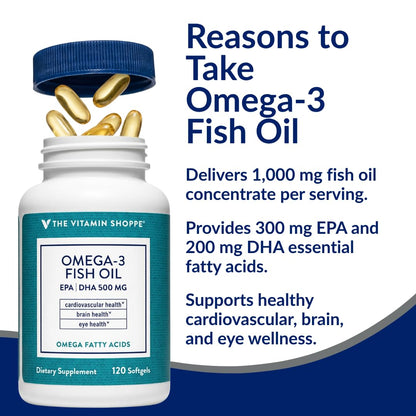 The Vitamin Shoppe Brand Omega 3 Fish Oil 1000mg with EPA DHA 500mg, Cardiovascular, Brain & Eye Health Support for Men and Women, Sourced from Anchovy,
