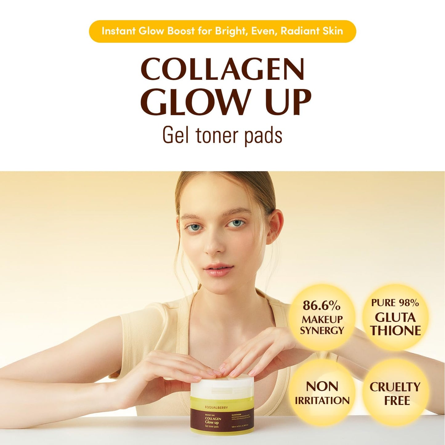 EQQUALBERRY Collagen Glow Up Gel Toner Pads – Brightening Korean Jelly Pad with Deep Absorption Collagen, Hydrating & Glow-Boosting Formula,