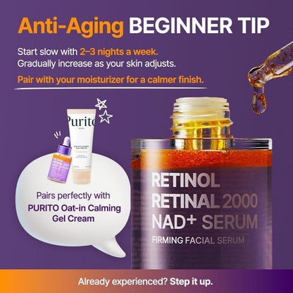 PURITO Retinol 0.1% + Retinal 0.1% Anti-Aging Facial Serum | for Wrinkles, Fine Lines & Firmer Skin | Dual Retinoids with NAD+, Improve Elasticity & Skin Texture