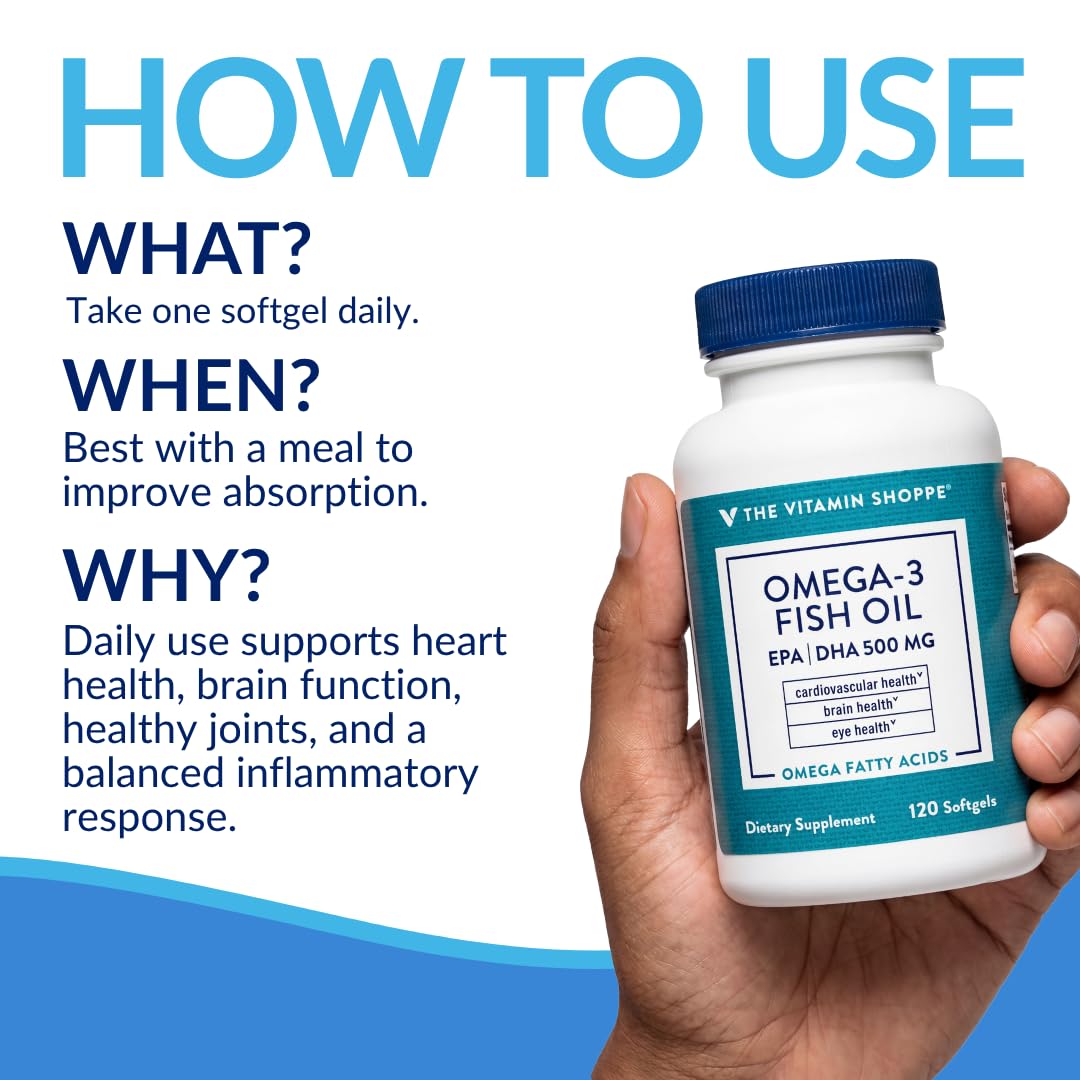 The Vitamin Shoppe Brand Omega 3 Fish Oil 1000mg with EPA DHA 500mg, Cardiovascular, Brain & Eye Health Support for Men and Women, Sourced from Anchovy,