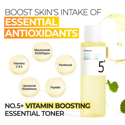 numbuzin No.5 Vitamin Boosting Essential Toner, Radiance-Boosting Vitamin Toner for Uneven & Dull Skin, Glutathione, Vitamin C, Niacinamide