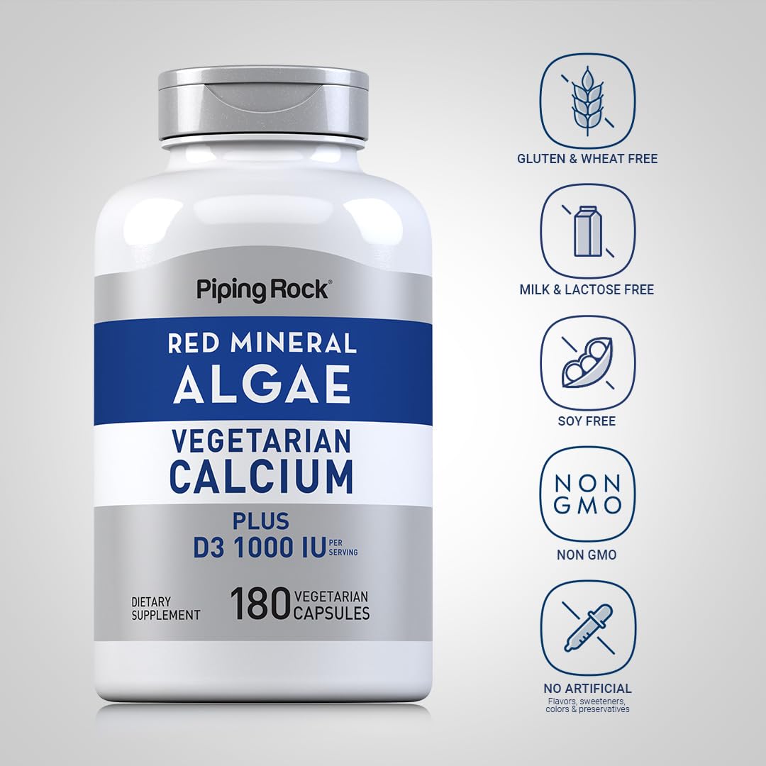 Piping Rock Red Mineral Algae | Vegetarian Calcium | 180 Capsules | Plant Based Plus Trace Minerals | Plus D3 1000 IU | Non-GMO, Gluten Free Supplement