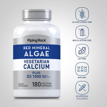 Piping Rock Red Mineral Algae | Vegetarian Calcium | 180 Capsules | Plant Based Plus Trace Minerals | Plus D3 1000 IU | Non-GMO, Gluten Free Supplement