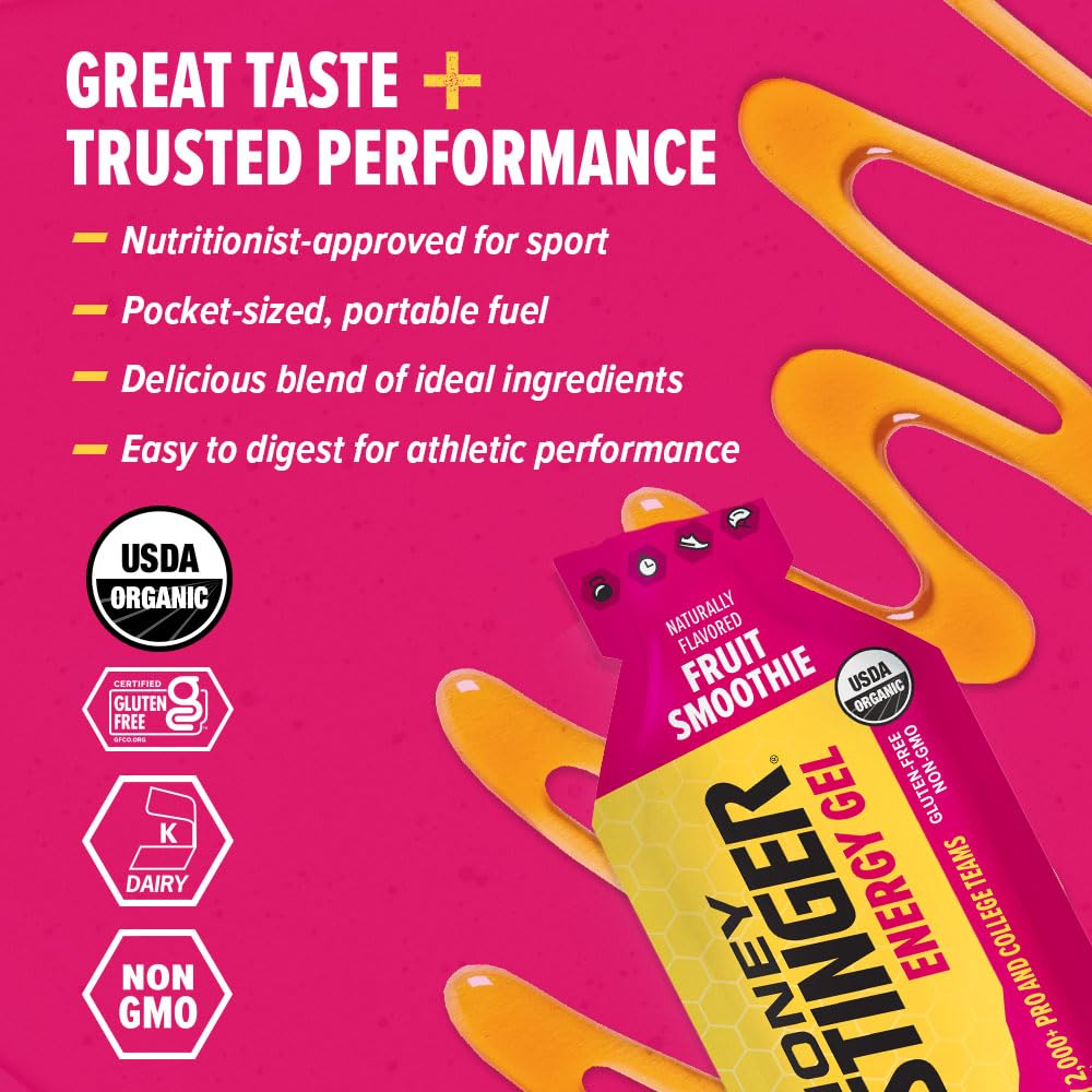 Honey Stinger Organic Fruit Smoothie Energy Gel, Gluten Free & Caffeine Free, for Exercise, Running and Performance, Sports Nutrition for Home & Gym,