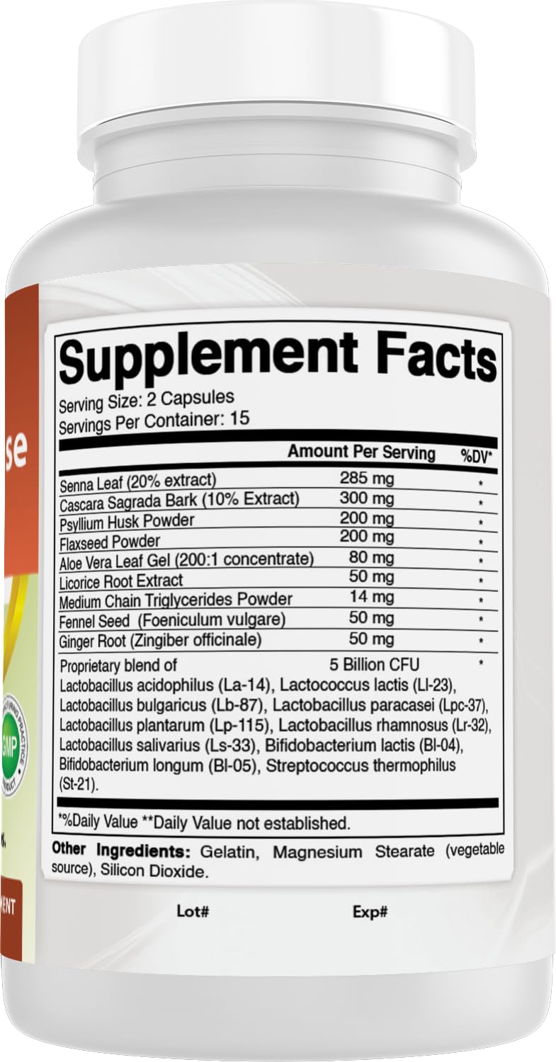 Best Naturals 15 Day Gut & Colon Cleanse + Probiotics for Women & Men with Senna, Cascara Sagrada & Psyllium Husk- 30 Capsules - Non-GMO & Gluten Free.