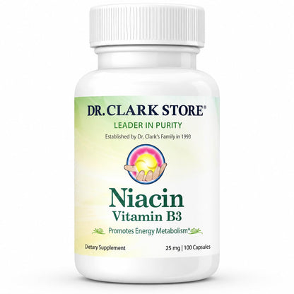 Dr Clark Niacin (Vitamin B3) Supplement – 25mg, 100 Gelatin Capsules, Supports Circulation & Healthy Cholesterol Levels