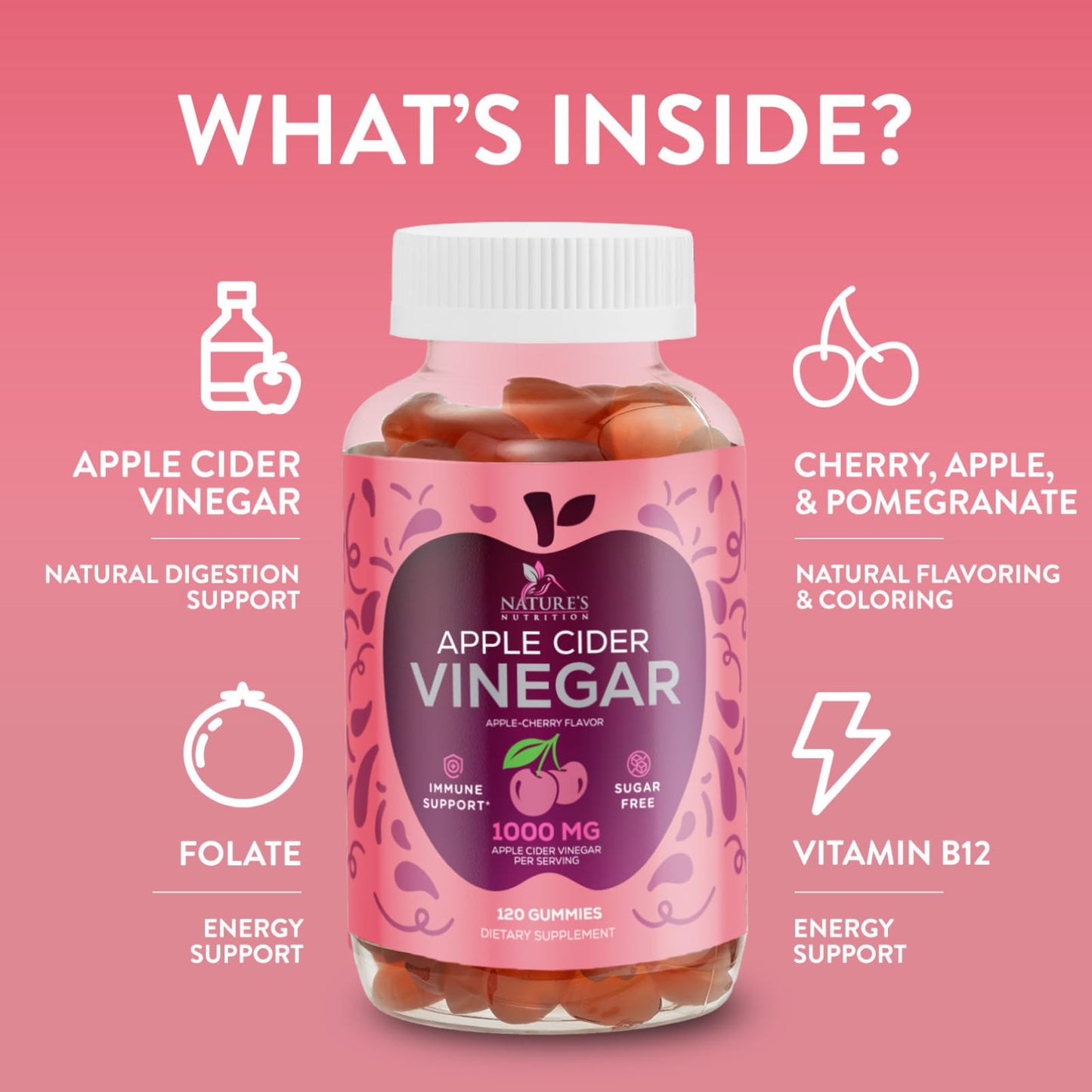 Apple Cider Vinegar Gummies 1000mg Per Serving - Sugar Free ACV Gummy Vitamins Supplement - Vitamin B12 & B6 for Energy - Digestion, Detox & Cleanse Support, Vegan