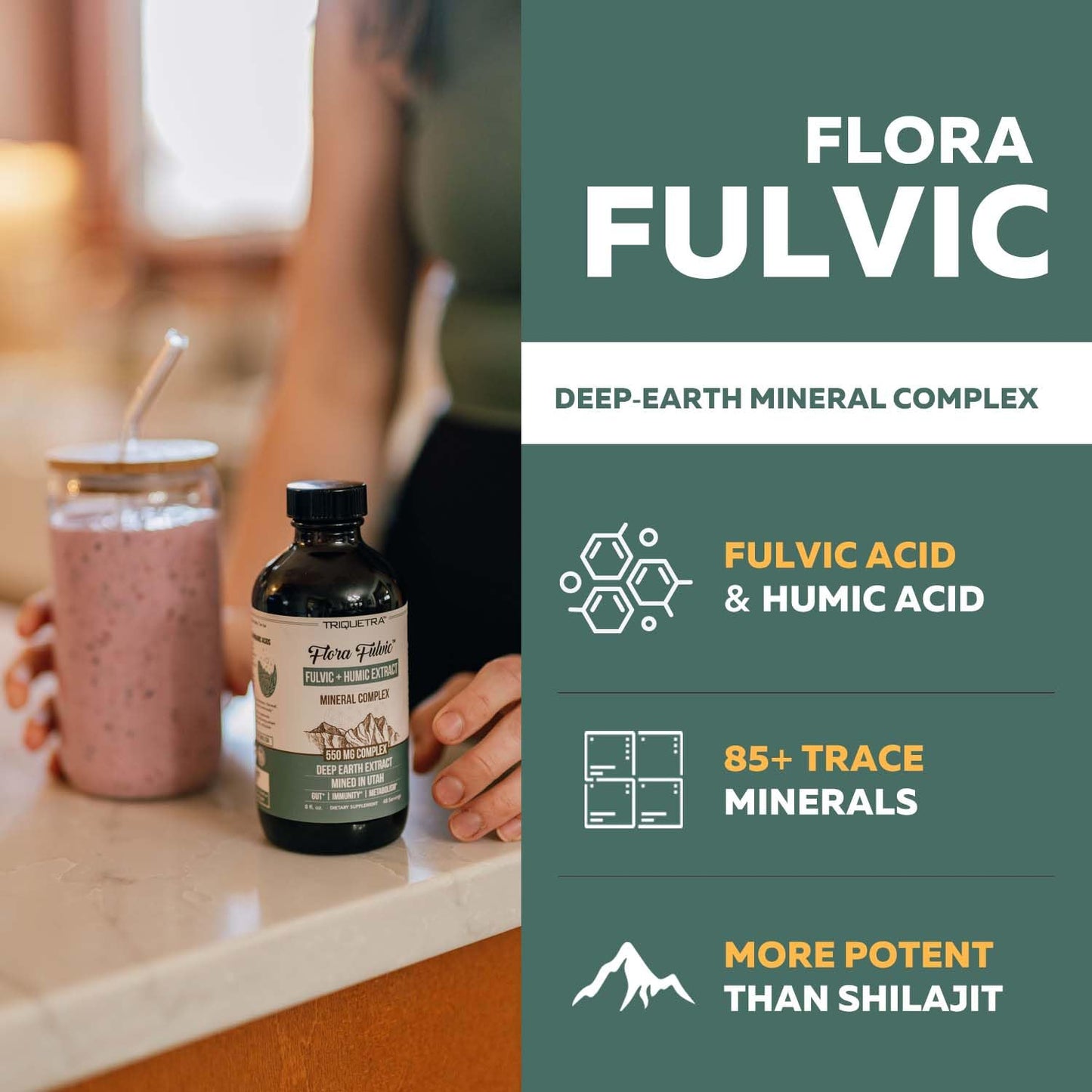 Flora Fulvic | Fulvic Acid + Humic Acid Complex – 550 mg | Mined in Utah, Prehistoric Deep Earth Extract | Immunity, Gut, Digestion