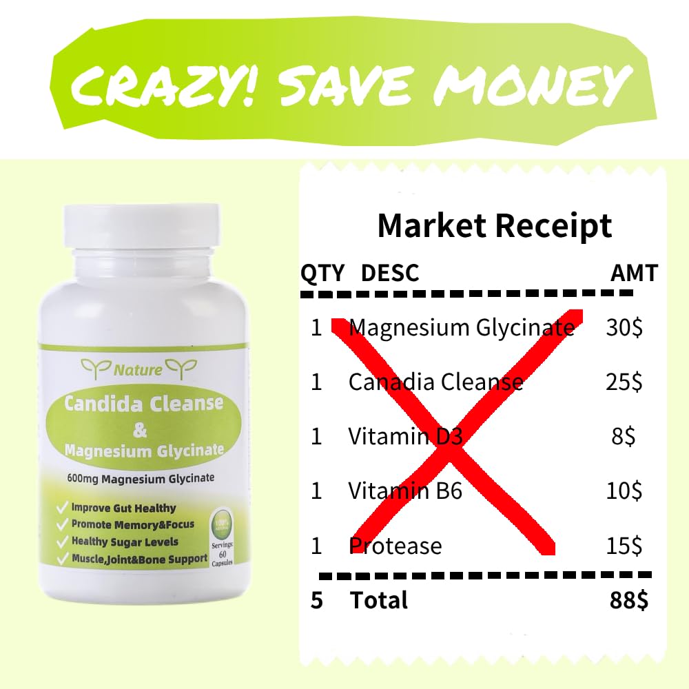 YNATUREY Candida Cleanse - Gut & Colon Support,Magnesium Glycinate 600mg,Women and Men Supplement with Magnesium Malate, Vitamin D, B6