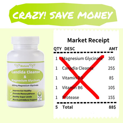 YNATUREY Candida Cleanse - Gut & Colon Support,Magnesium Glycinate 600mg,Women and Men Supplement with Magnesium Malate, Vitamin D, B6