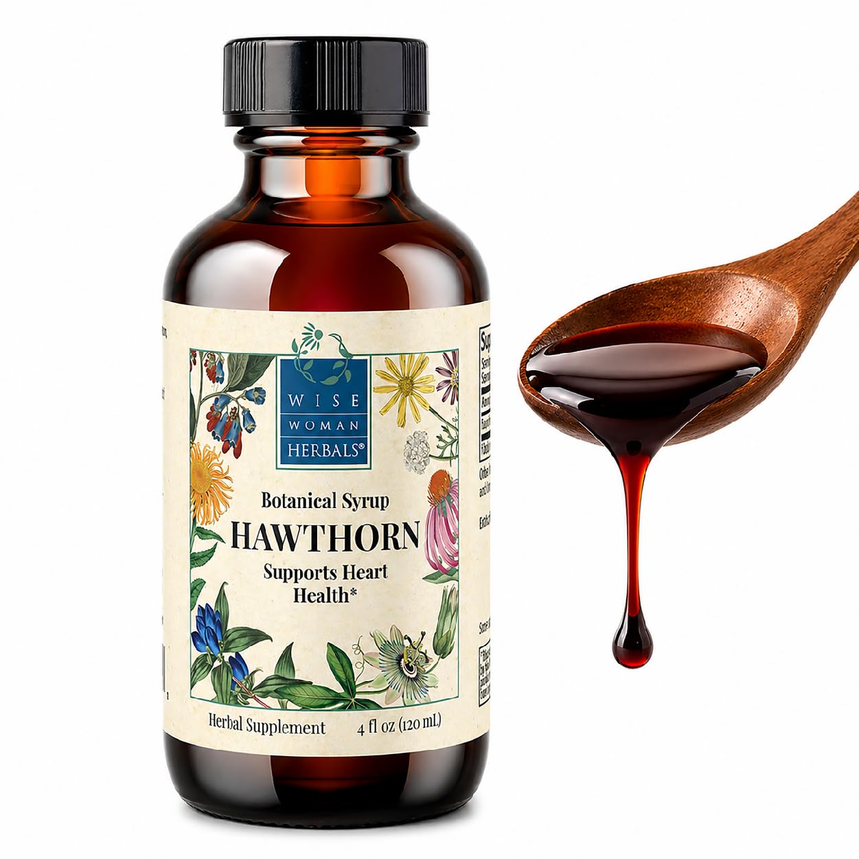 Wise Woman Herbals Hawthorn Botanical Syrup, Alcohol-Free Hawthorn Berry Solid Extract 4:1, Promotes Healthy Circulation, Antioxidant Protection, Herbal Cardiovascular Support, 4 Fl Oz