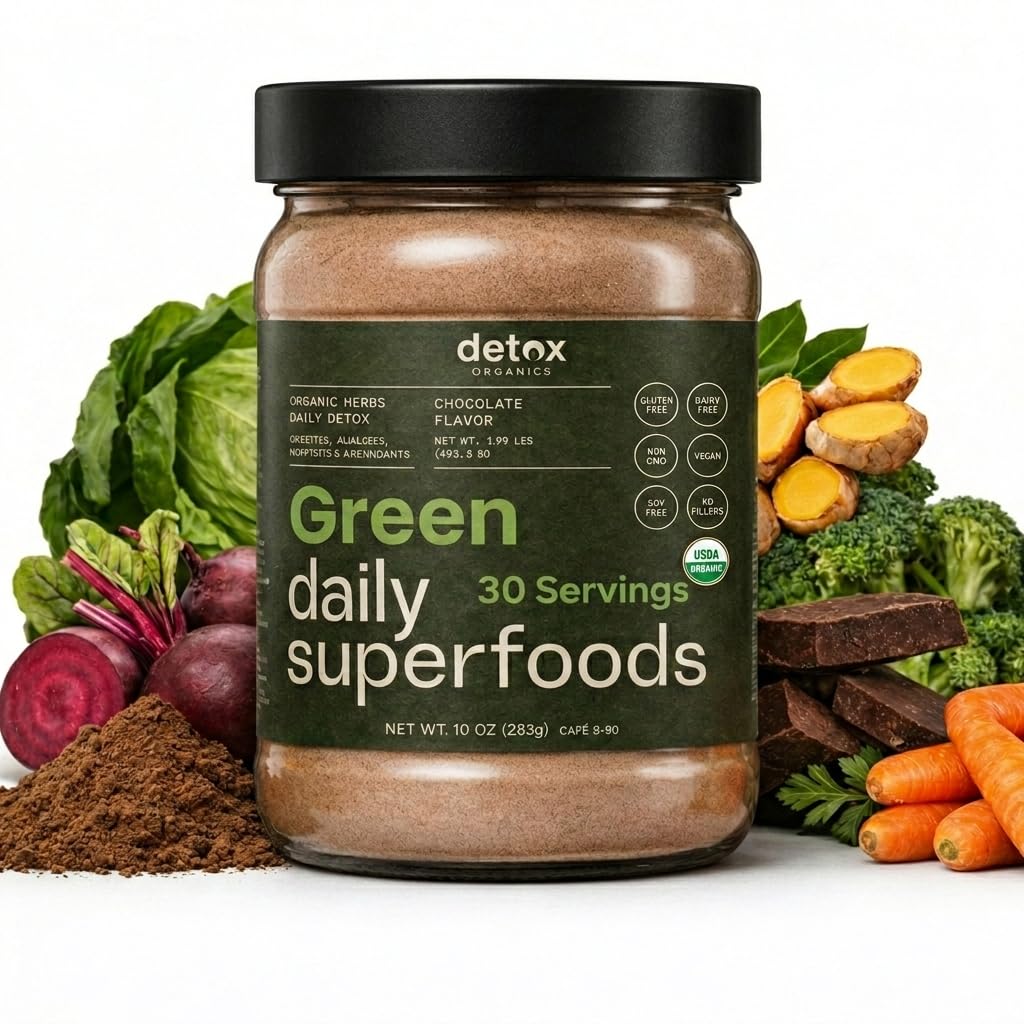 Greens Superfood Powder – USDA Organic Chocolate Flavor Cleanse & Detox Smoothie Mix – Digestive Enzymes, Immune Support, Bloating Relief, Vegan
