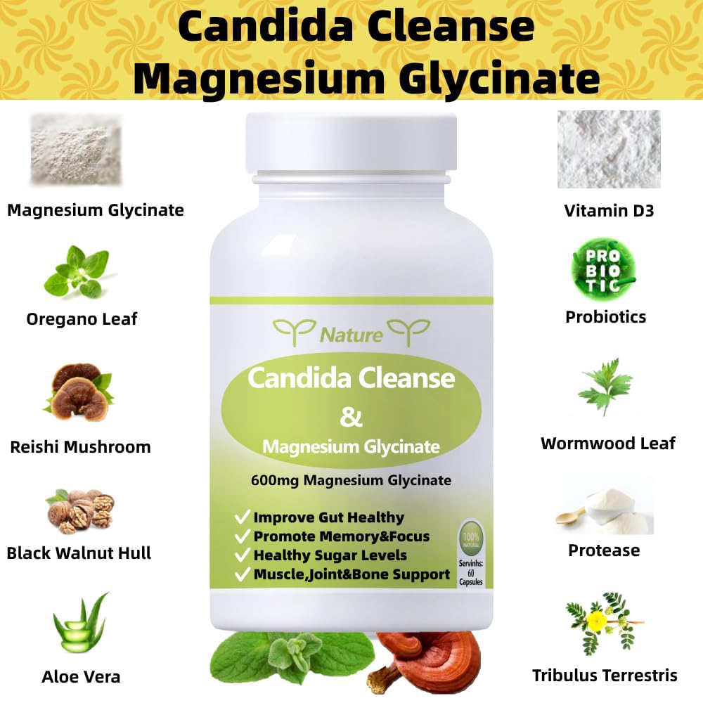 YNATUREY Candida Cleanse - Gut & Colon Support,Magnesium Glycinate 600mg,Women and Men Supplement with Magnesium Malate, Vitamin D, B6