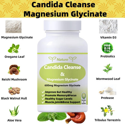 YNATUREY Candida Cleanse - Gut & Colon Support,Magnesium Glycinate 600mg,Women and Men Supplement with Magnesium Malate, Vitamin D, B6
