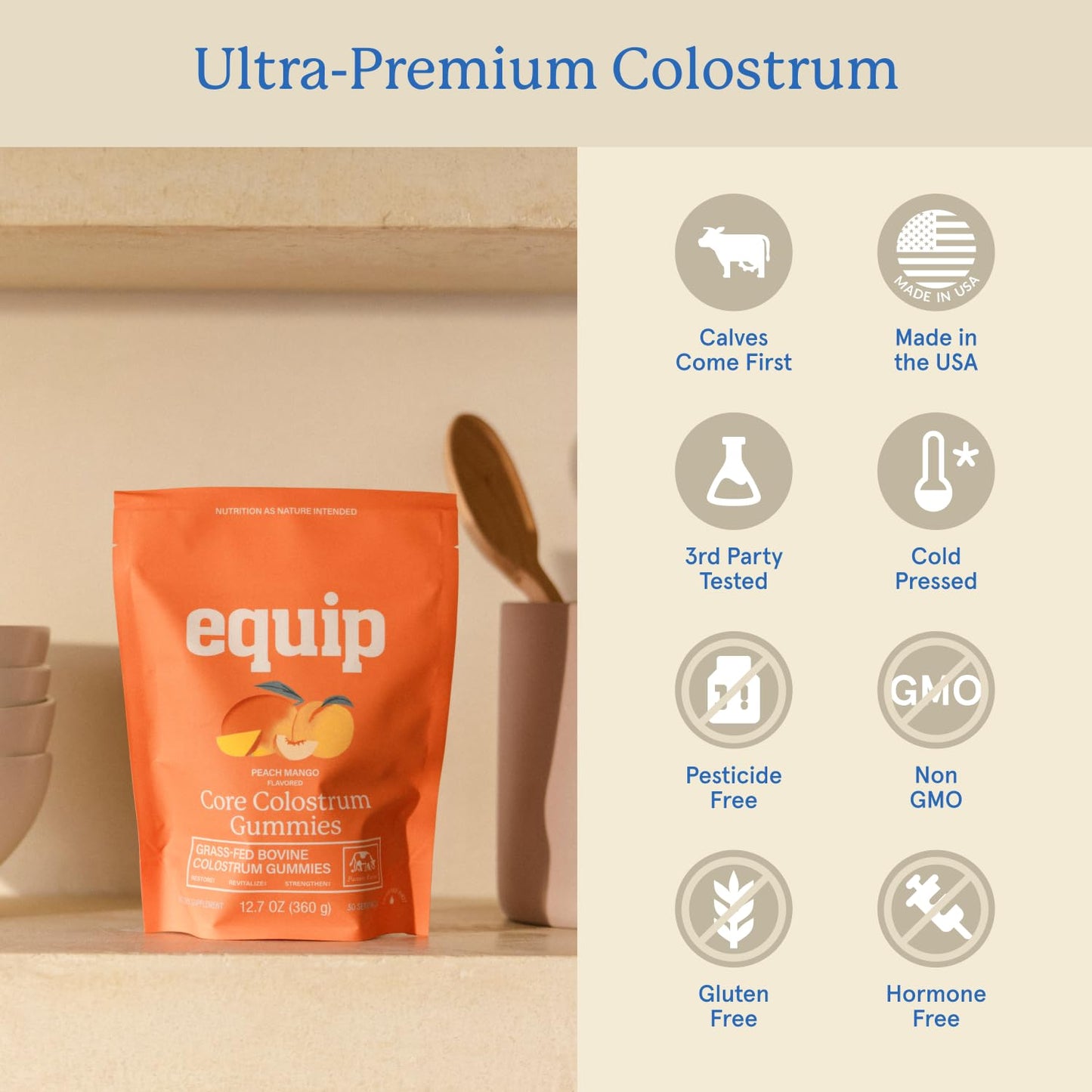 Equip Foods Core Bovine Colostrum Gummies, Delicious 1g Per Seving Grass Fed Colostrum Supplement - Gut Health, Immunity, Recovery, Hair & Skin - 60 Bovine Colostrum Gummies,