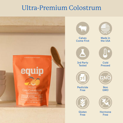 Equip Foods Core Bovine Colostrum Gummies, Delicious 1g Per Seving Grass Fed Colostrum Supplement - Gut Health, Immunity, Recovery, Hair & Skin - 60 Bovine Colostrum Gummies,