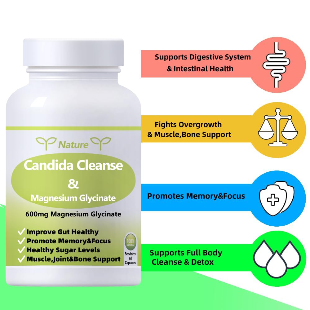 YNATUREY Candida Cleanse - Gut & Colon Support,Magnesium Glycinate 600mg,Women and Men Supplement with Magnesium Malate, Vitamin D, B6