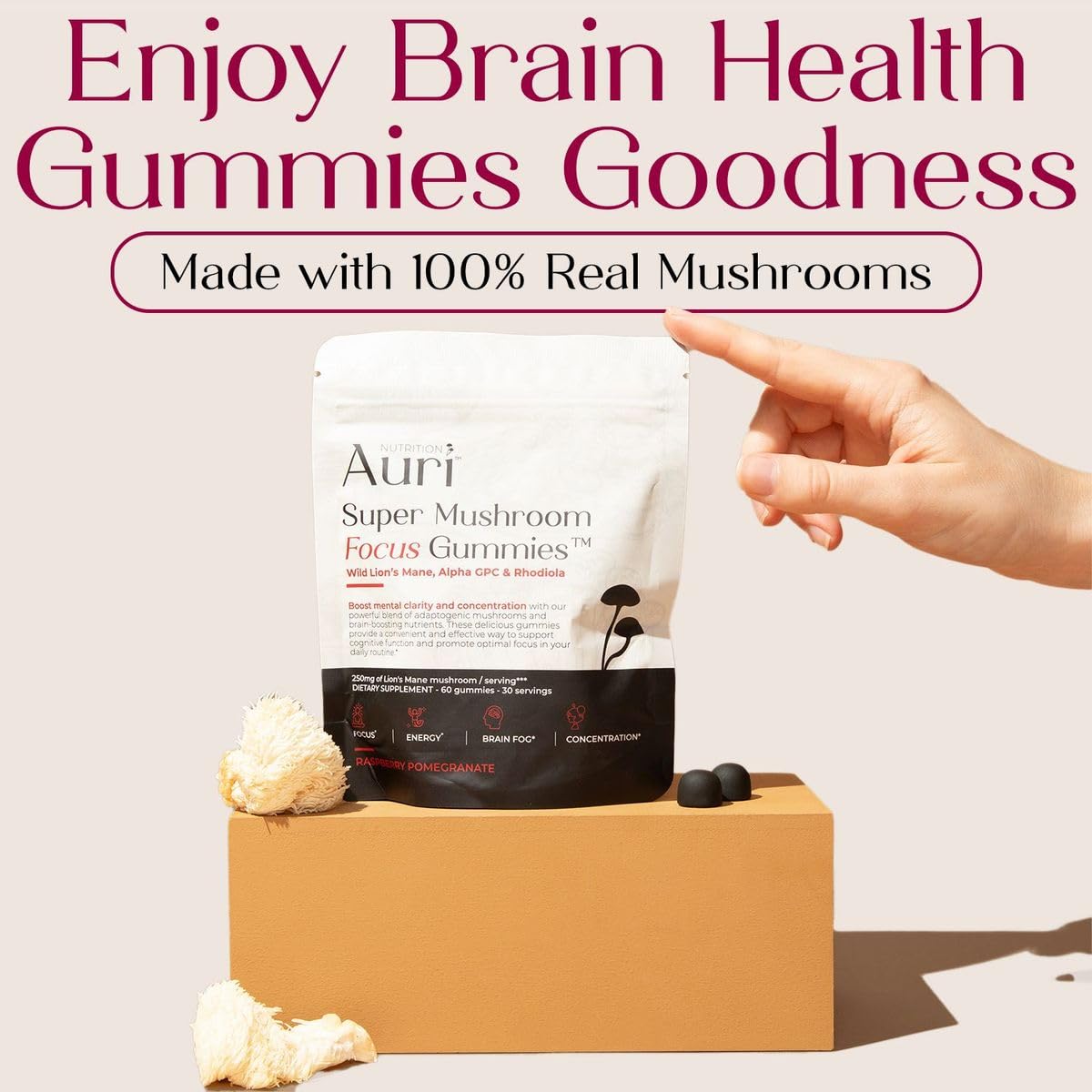 Auri Nutrition Super Mushroom Focus Gummies w/Lion's Mane, Alpha GPC & Rhodiola – Mushroom Supplement to Support Cognitive Function, Mental Clarity, Focus & Energy