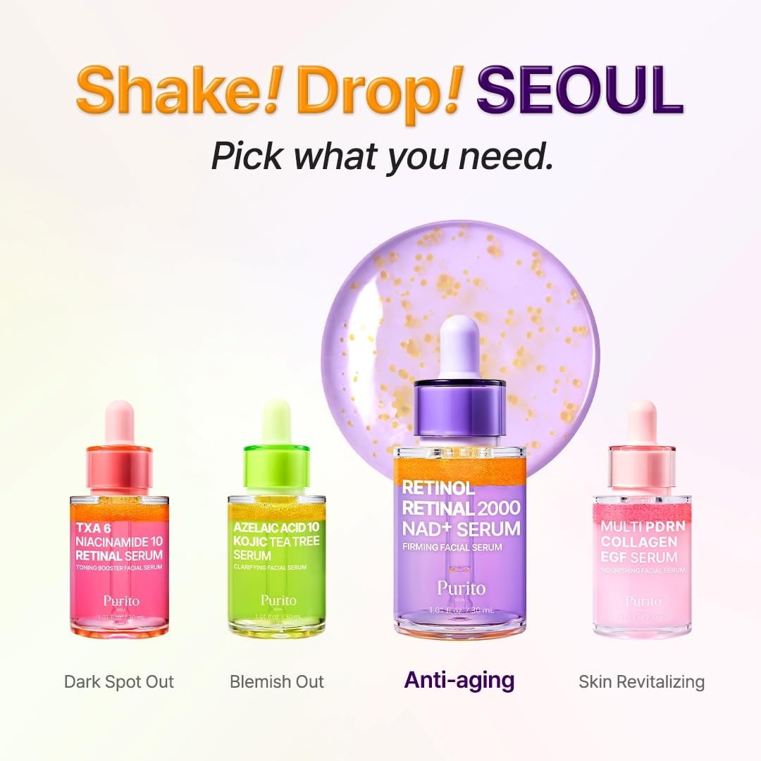 PURITO Retinol 0.1% + Retinal 0.1% Anti-Aging Facial Serum | for Wrinkles, Fine Lines & Firmer Skin | Dual Retinoids with NAD+, Improve Elasticity & Skin Texture