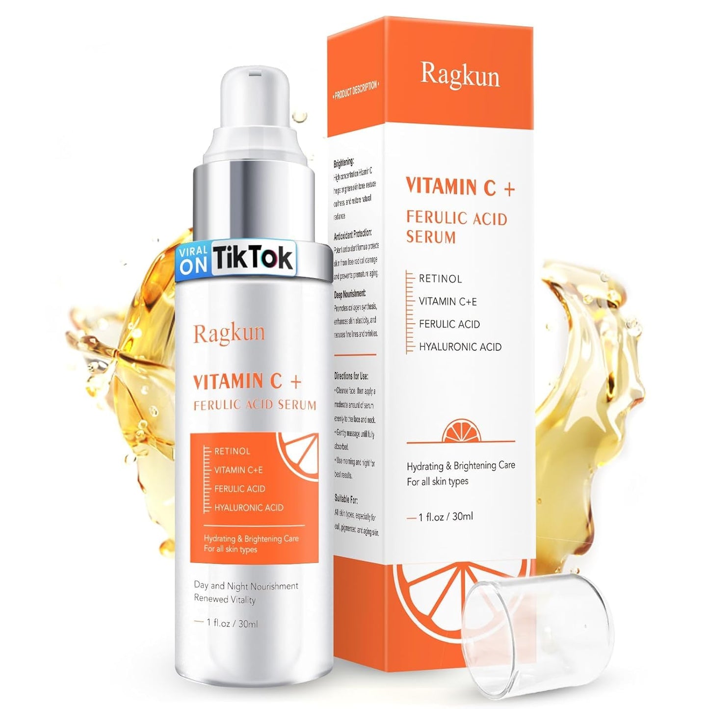 Ragkun 20% Vitamin C Serum, Retinol Serum for Face, Dark Spot Remover for Face, CE Ferulic Acid, Hyaluronic Acid, Hydrate & Plump Skin Care