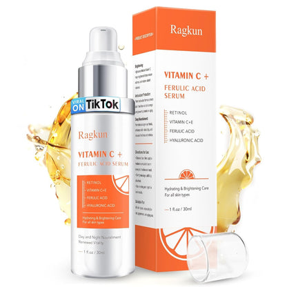 Ragkun 20% Vitamin C Serum, Retinol Serum for Face, Dark Spot Remover for Face, CE Ferulic Acid, Hyaluronic Acid, Hydrate & Plump Skin Care