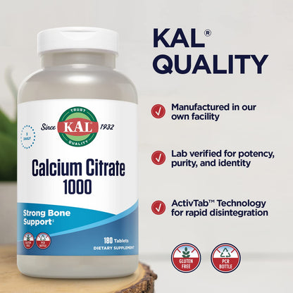 KAL Calcium Citrate 1000mg, Calcium Supplements for Women and Men, Bone Health, Teeth, Nervous, Muscular & Cardiovascular System Support, Gluten Free