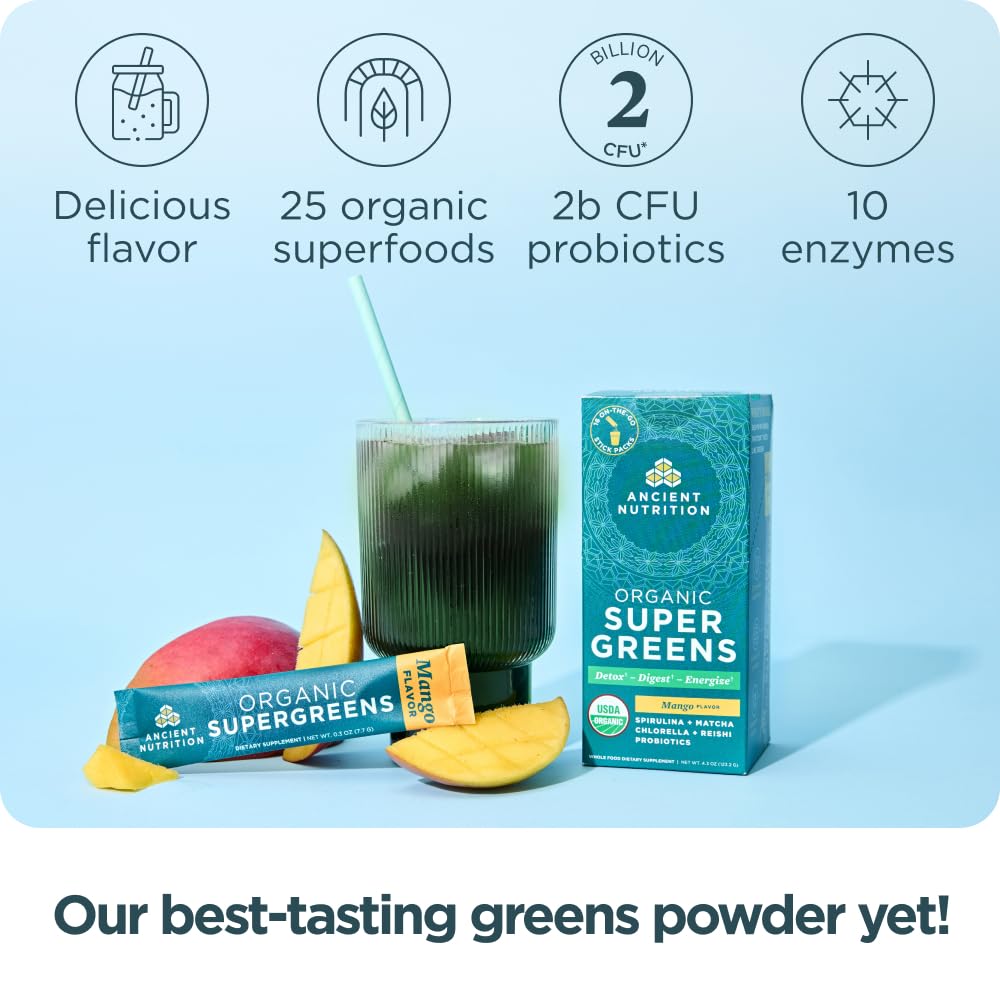 Ancient Nutrition SuperGreens Powder with Probiotics, Organic Mango Flavor Greens, Made from Real Fruits, Vegetables and Herbs, Digestive and Energy Support, 16 Stick Packs, 4.3oz Ancient NutritionBuy Supplements Australia