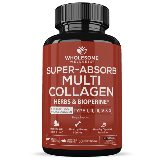 Wholesome Wellness Super-Absorb Multi Collagen Pills (Type I II III V X) Organic Herbs & Bioperine - Hair, Skin, Nails - Hydrolyzed Peptides Protein Supplement