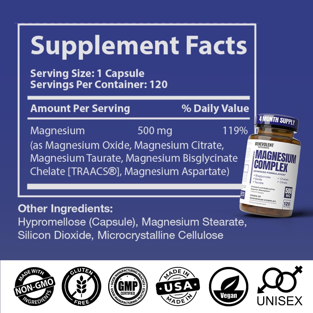 Magnesium Complex Supplement, 4 Month Supply of 500mg 5-in-1 Bisglycinate, Oxide, Taurate, Aspartate, Citrate, Max Absorption Magnesium Supplement for Calm, Sleep & Leg Cramps, 120 Capsule Benevolent Nourishment buy supplements Au