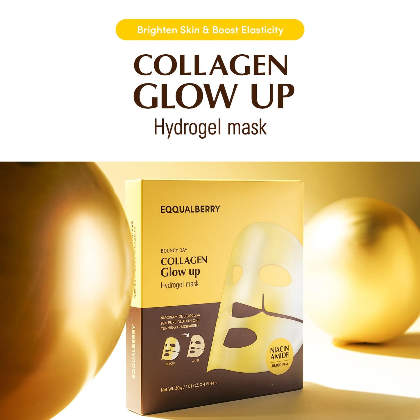 EQQUALBERRY Collagen Glow Up Mask - Niacinamide & Low Molecular Collagen for Brightening and Radiance Boosting | Korean Collagen Face Mask