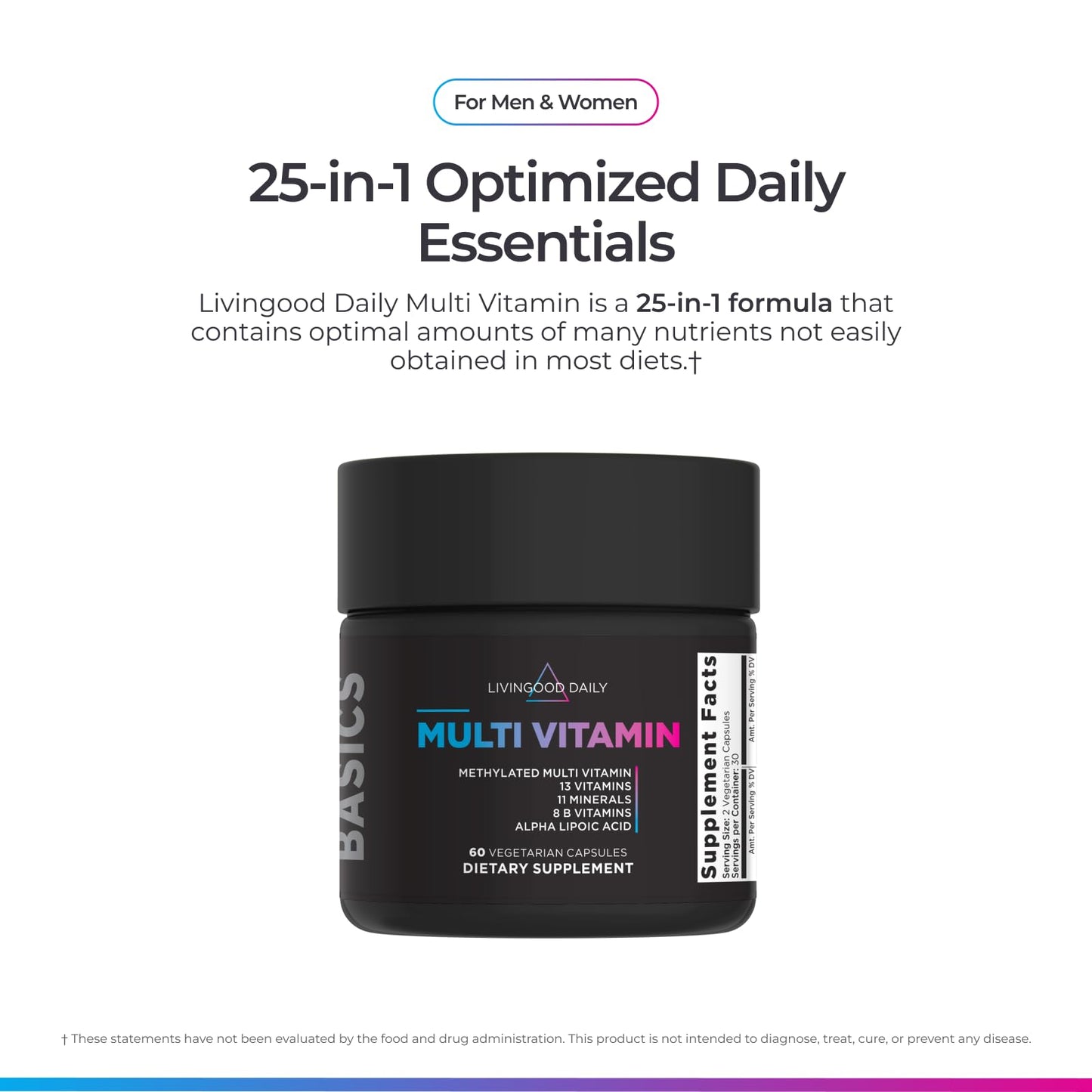 Livingood Daily Methylated Multivitamin for Women and Men, Multi Vitamin Supplement with Alpha Lipoic Acid, B Vitamins, Iron, Zinc and Selenium, Energy