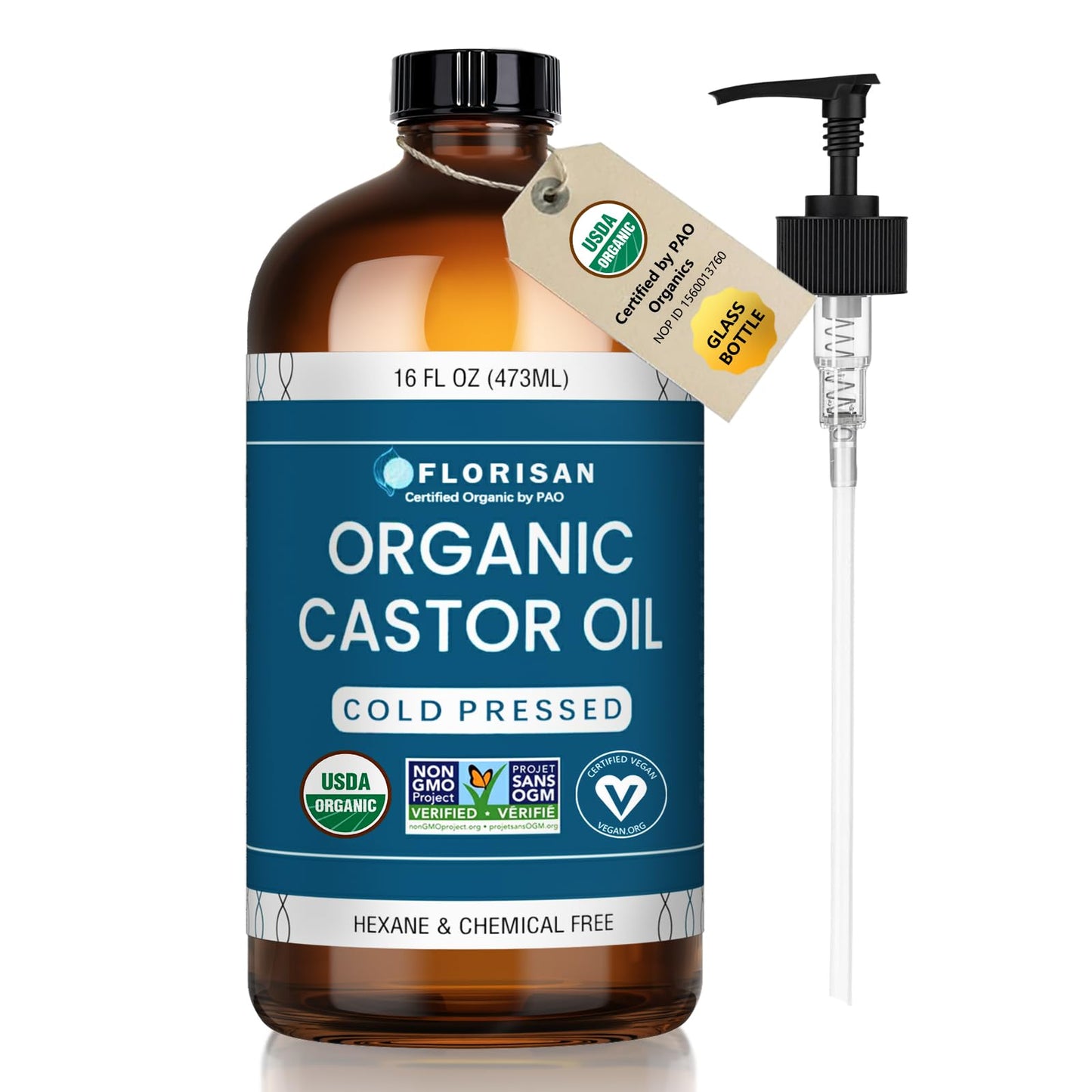 Florisan USDA Certified Organic Castor Oil 16oz Glass Bottle, Cold Pressed, Hexane-Free, Non-GMO, Vegan, 100% Pure Castor Oil for Hair Growth,