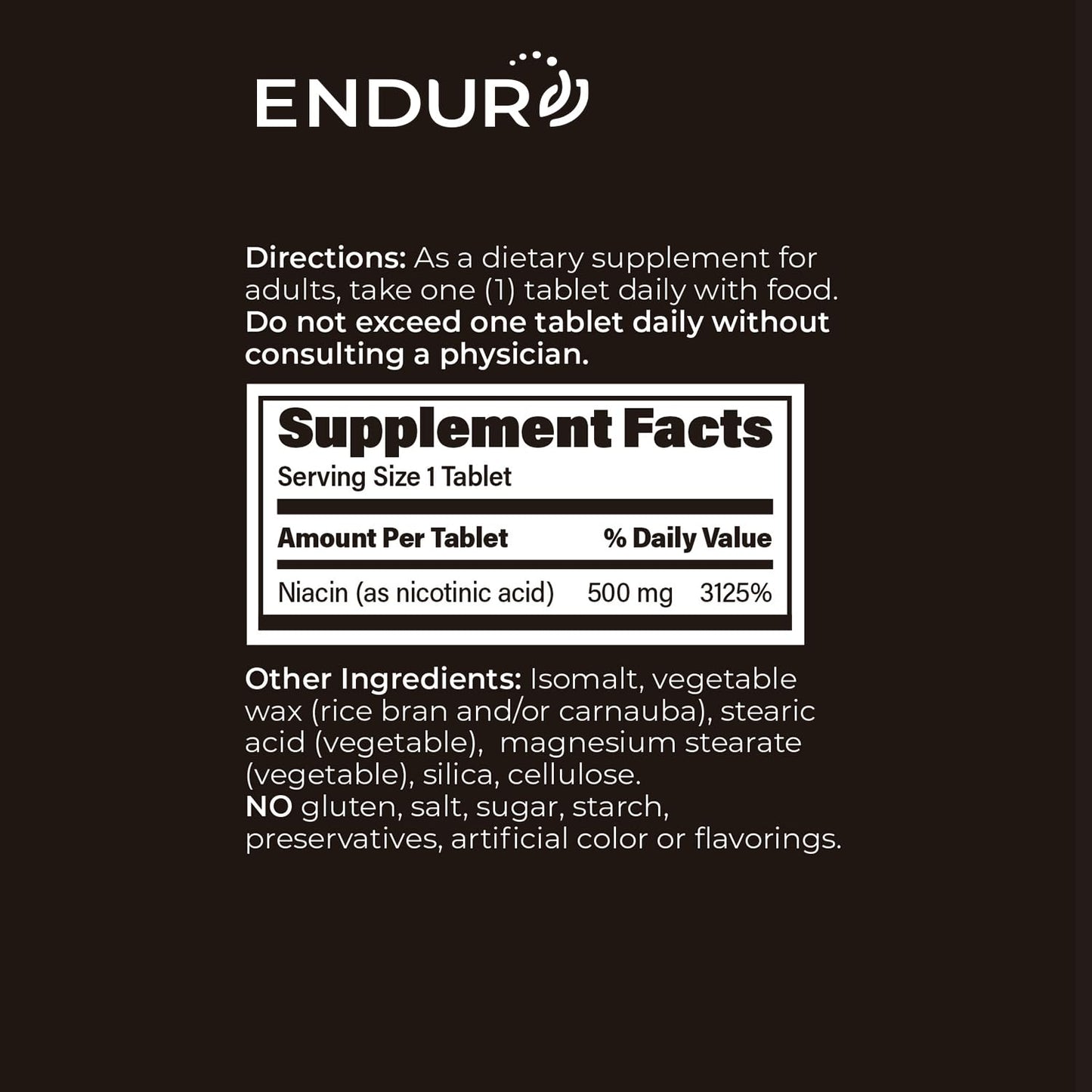 Endur Plain Niacin (Nicotinic Acid), Heart Health & Healthy Cholesterol Balance Supplement, Immediate-Release Formula, Gluten Free,