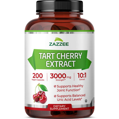 Zazzee Tart Cherry 10:1 Extract, 200 Vegan Capsules, 6+ Month Supply, Montmorency Cherry, Certified Kosher, Joint & Uric Acid Support, Antioxidant Support Formula,
