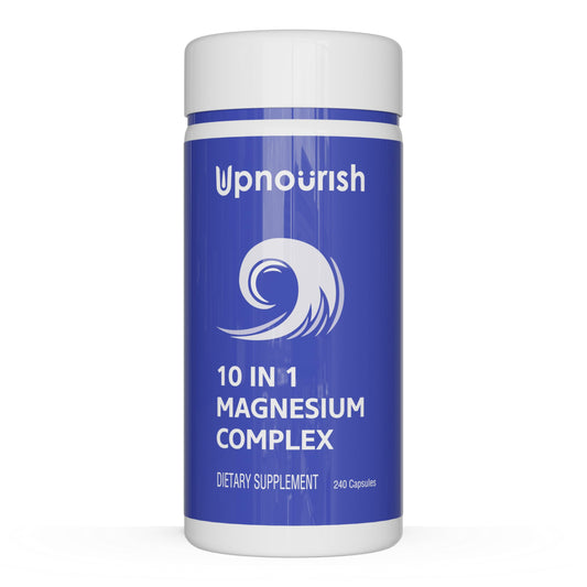 Supplement container labeled 'Upnourish 10 in 1 Magnesium Complex' on a white background