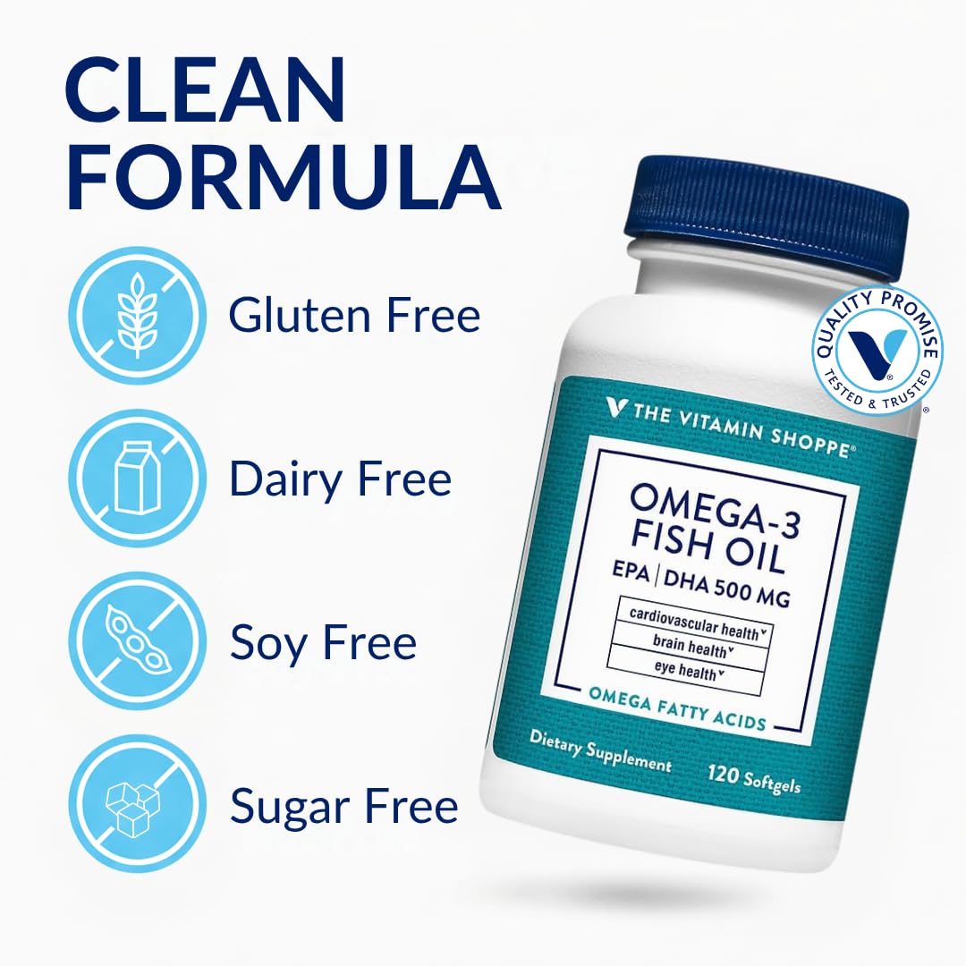 The Vitamin Shoppe Brand Omega 3 Fish Oil 1000mg with EPA DHA 500mg, Cardiovascular, Brain & Eye Health Support for Men and Women, Sourced from Anchovy,