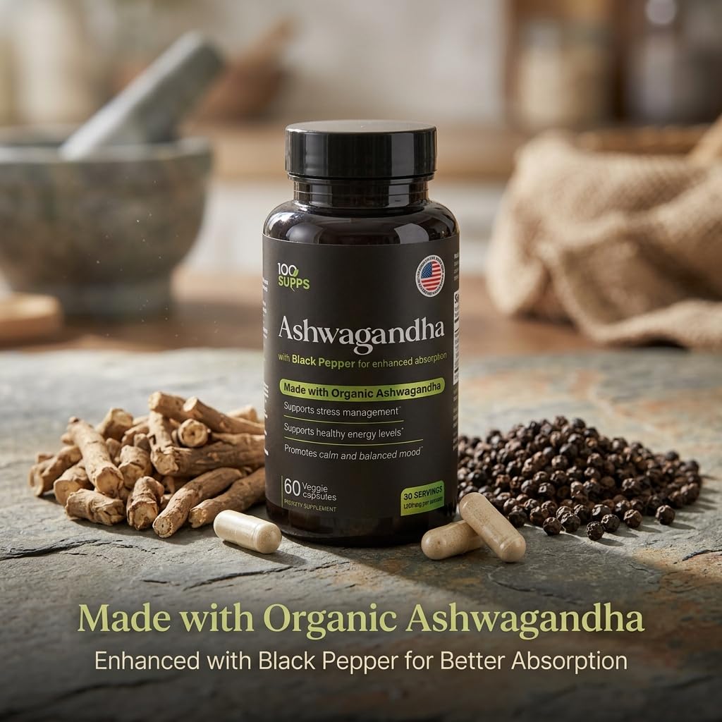 100 Supps Ashwagandha Capsules with Black Pepper Extract 4:1 (10mg), Made with Organic Ashwagandha Powder, 1200mg per Serving, 60 Veggie Capsules