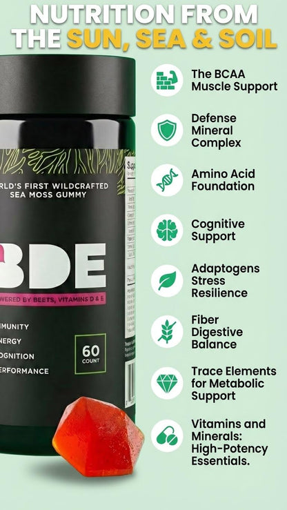 BDE Wildcrafted Sea Moss Gummy Maca Root, Beets, Lions Mane Mushroom, Vitamin D + E - Vegan Collagen, Zinc